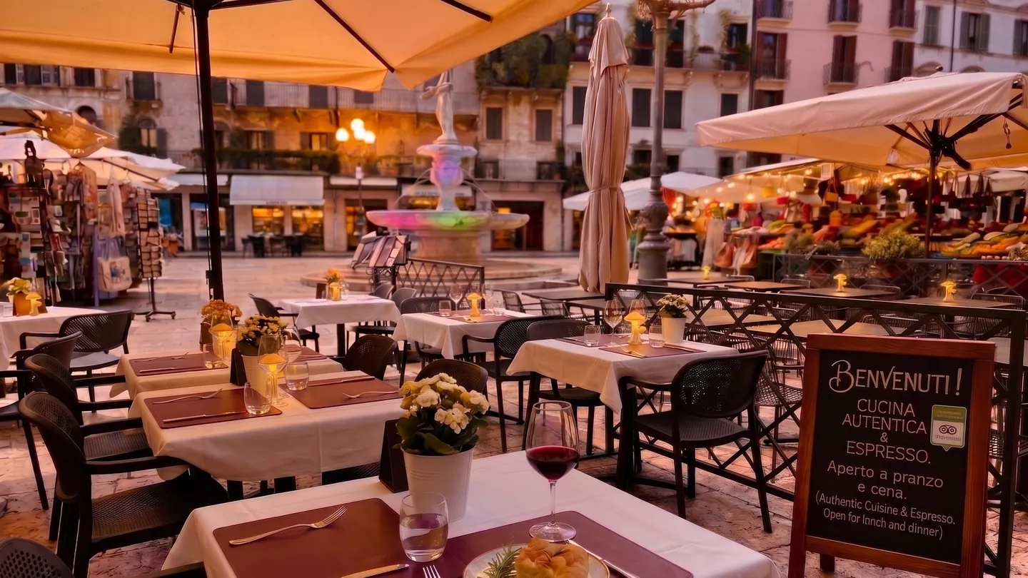 Il plateatico del Mastino Bistrot in Piazza delle Erbe a Verona all'imbrunire: tavoli apparecchiati con le candele accese, gli ombrelloni e la fontana di Madonna Verona