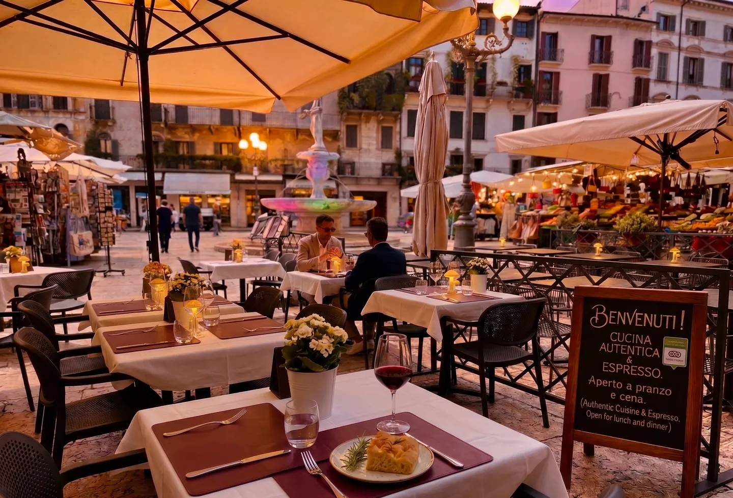 Ospiti a cena sul plateatico del Mastino Bistrot in Piazza delle Erbe, con la fontana di Madonna Verona e i palazzi illuminati